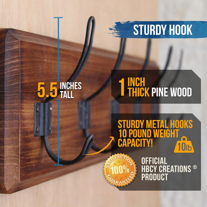 Dark Wash Brown Rustic Coat Rack Wall Mount with 5 Hooks, Solid Pine Wood 24 Inch Wall Hooks