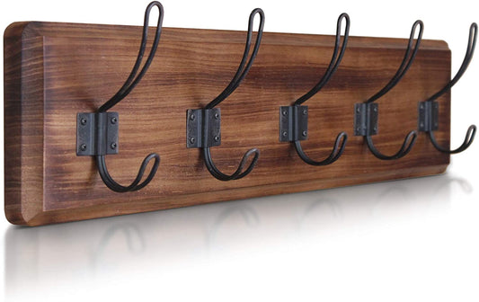 Dark Wash Brown Rustic Coat Rack Wall Mount with 5 Hooks, Solid Pine Wood 24 Inch Wall Hooks