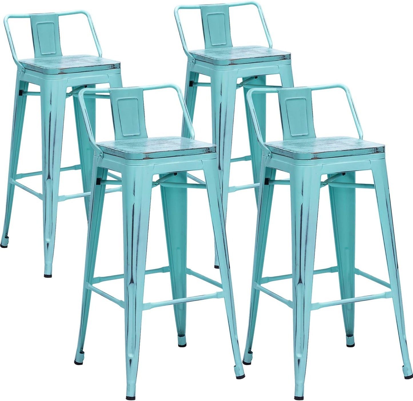 30 Inch Metal Bar Stools Set of 4 Low Back Counter Height Barstools with Wooden Seat 