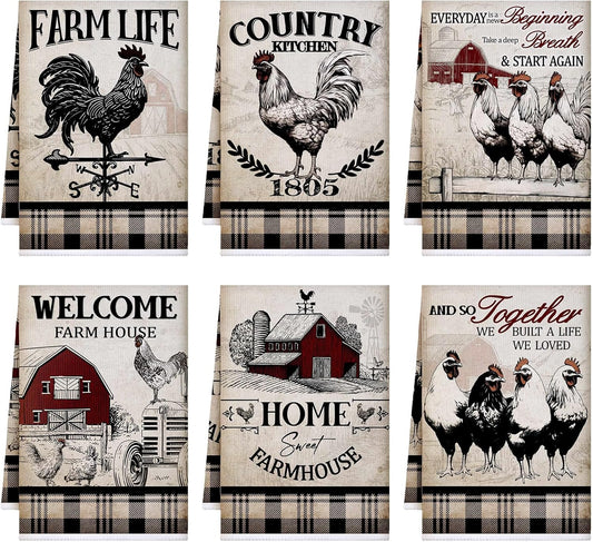 6 Pcs Farm Animal Kitchen Towels Rooster Kitchen Towels 