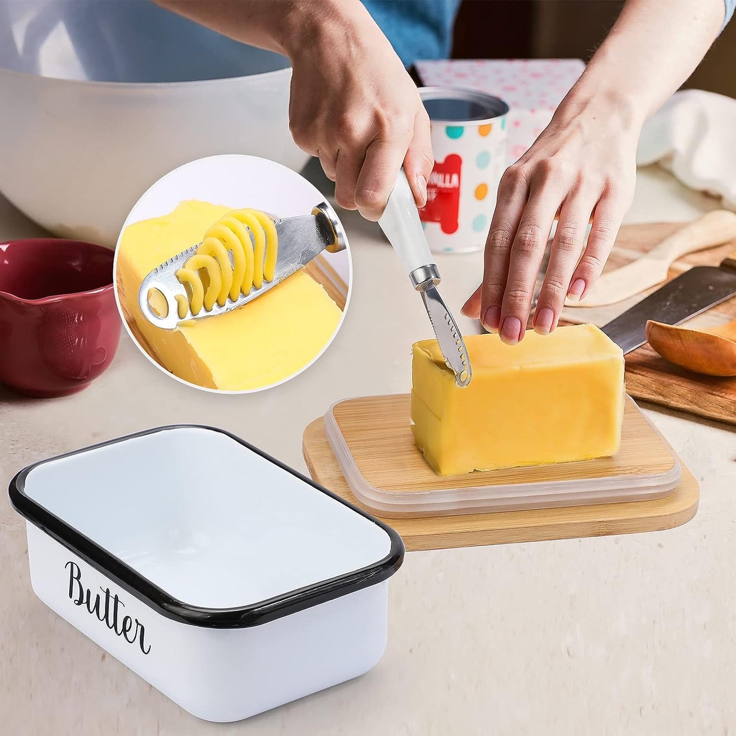 Butter Dish with Lid and Butter Curler Knife for Countertop 